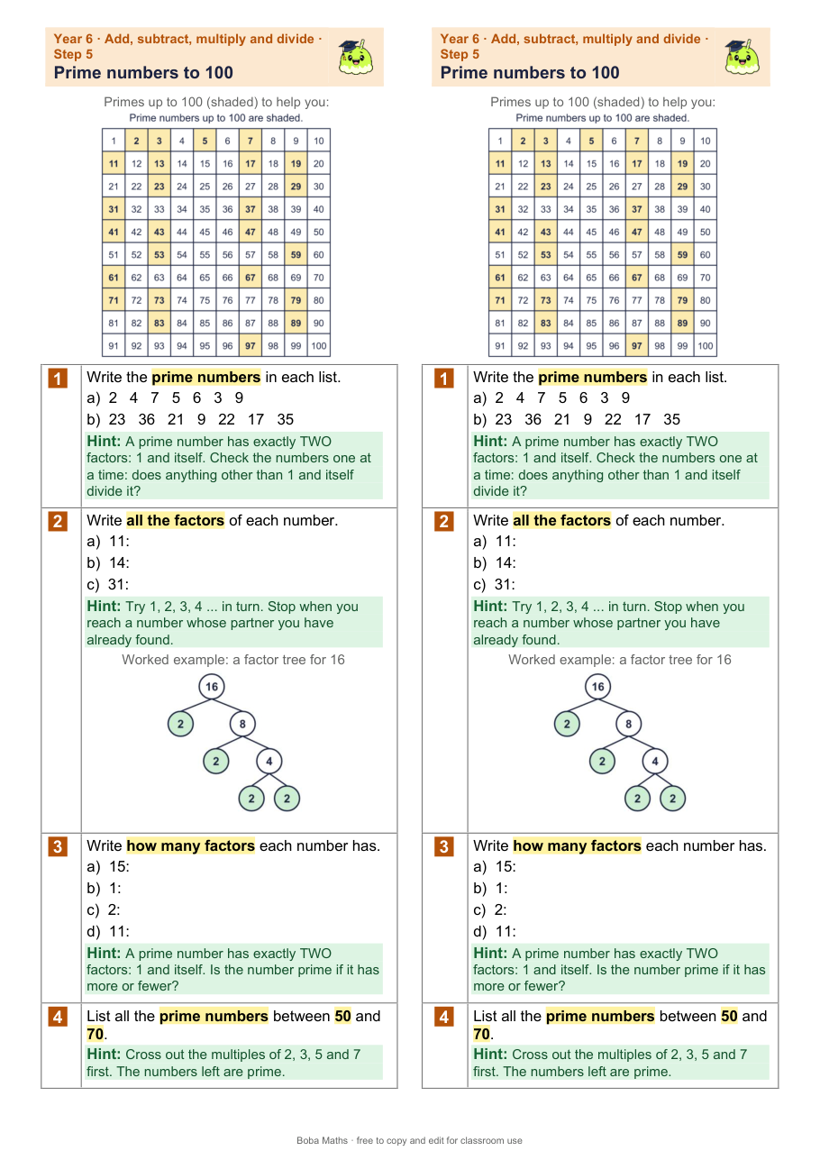 First page of the scaffolded Prime numbers to 100 sheet, printed twice side by side