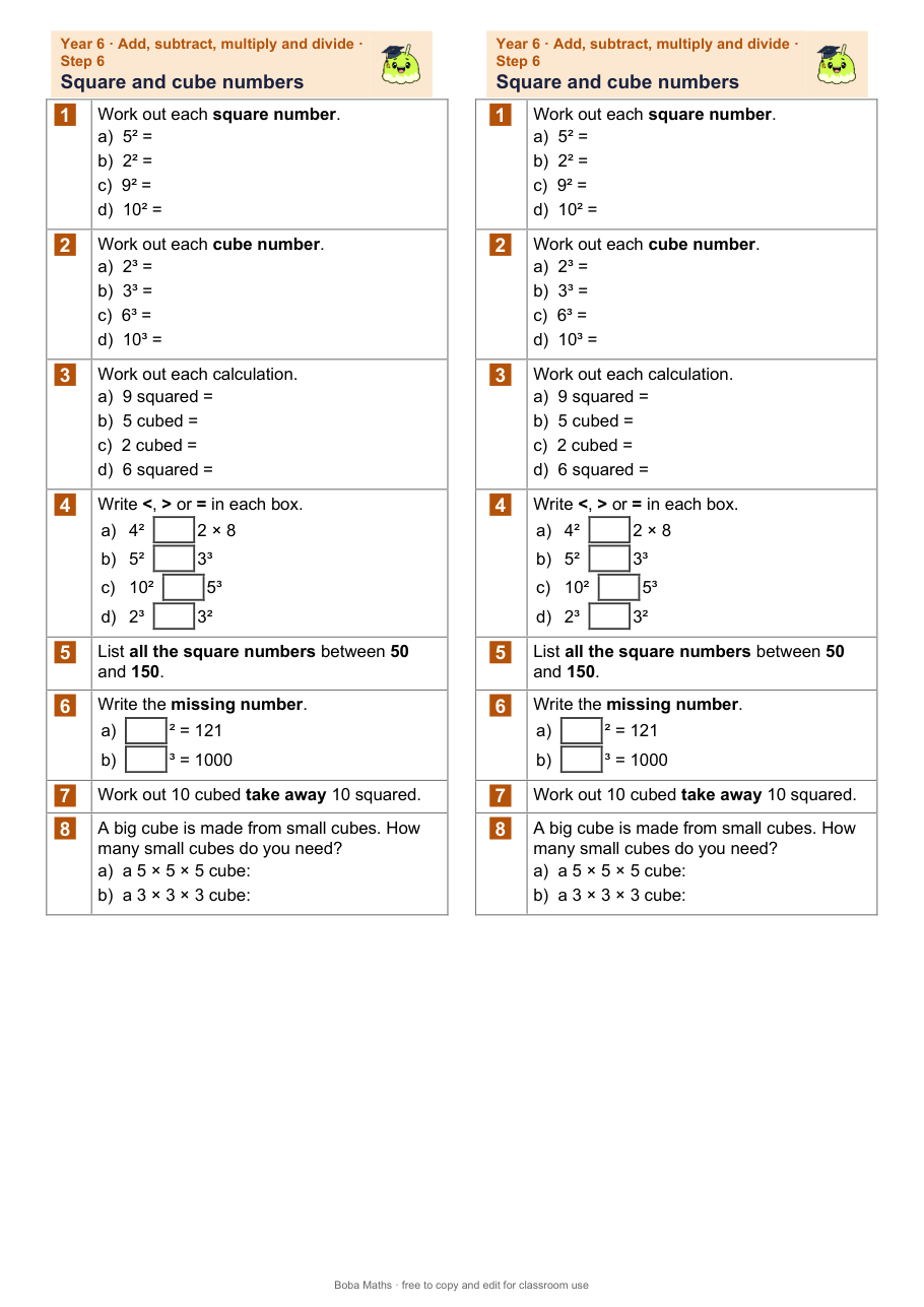 First page of the not scaffolded Square and cube numbers sheet, printed twice side by side