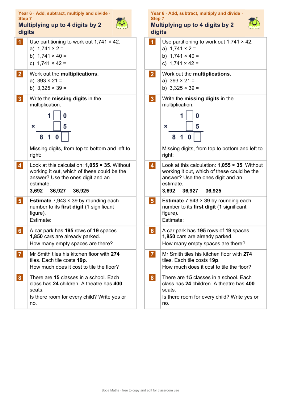 First page of the not scaffolded Multiplying up to 4 digits by 2 digits sheet, printed twice side by side