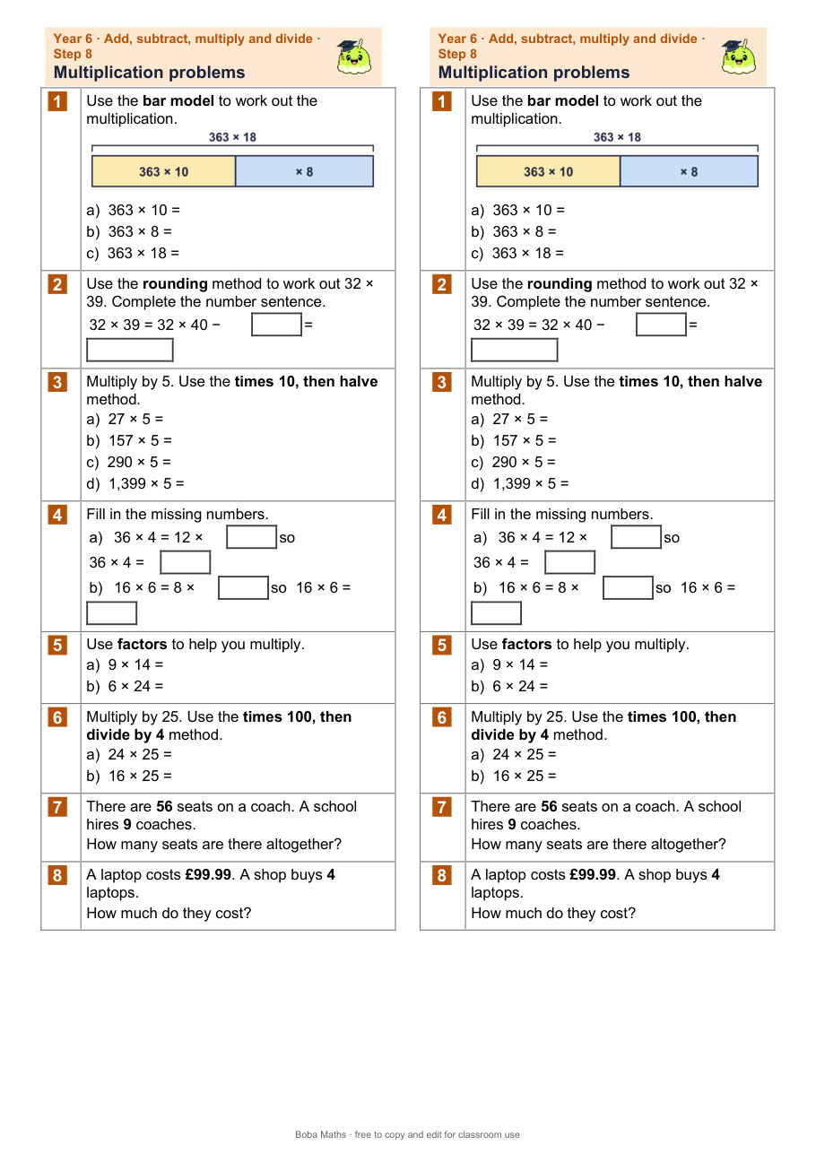 First page of the not scaffolded Multiplication problems sheet, printed twice side by side