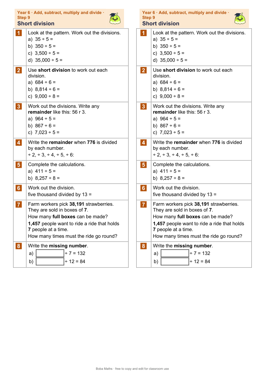 First page of the not scaffolded Short division sheet, printed twice side by side