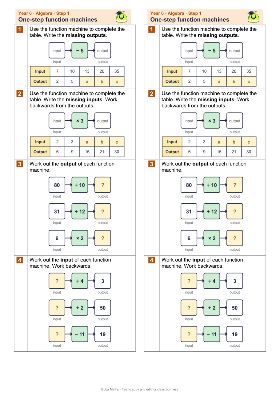 First page of the not scaffolded One-step function machines sheet, printed twice side by side