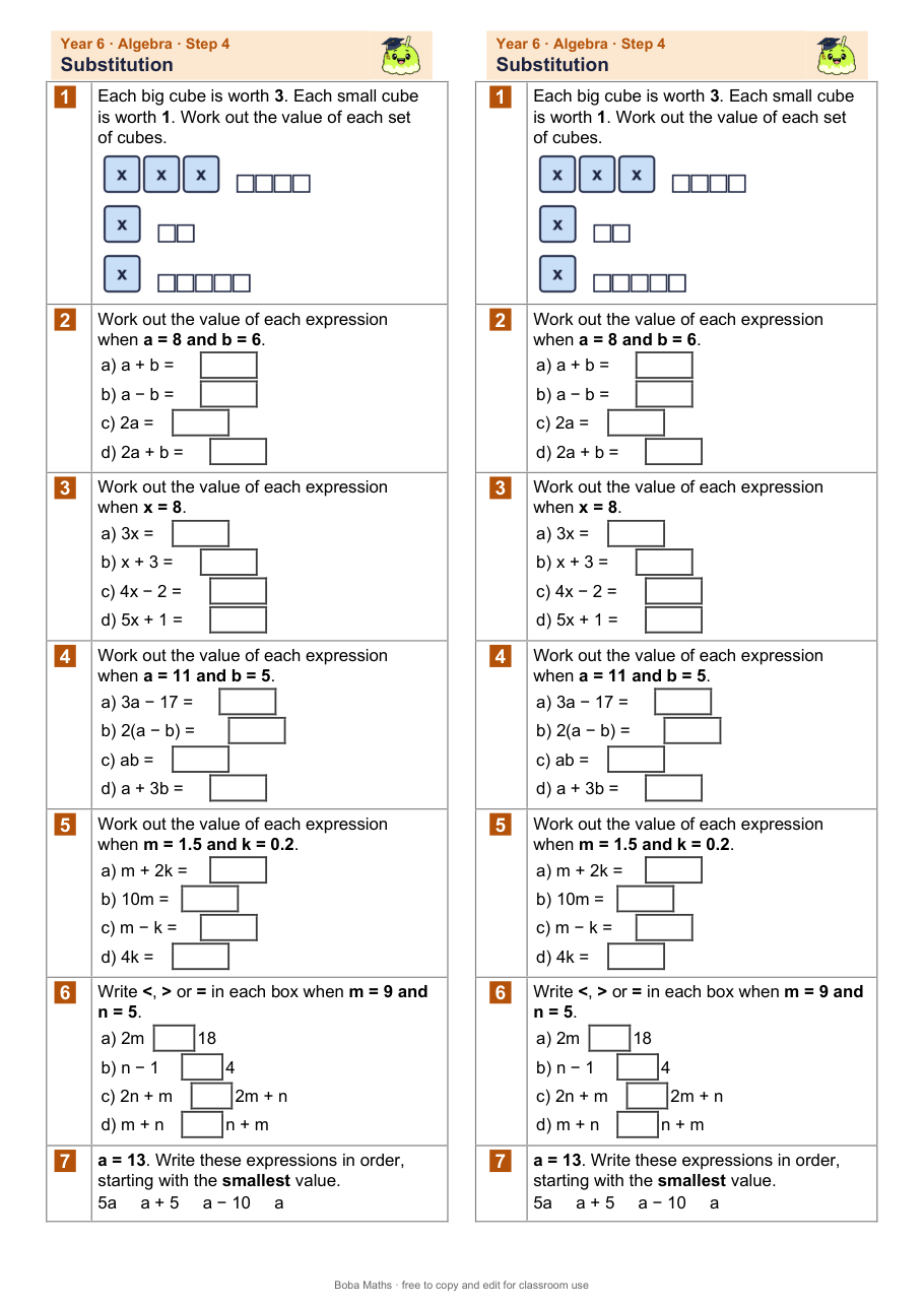 First page of the not scaffolded Substitution sheet, printed twice side by side