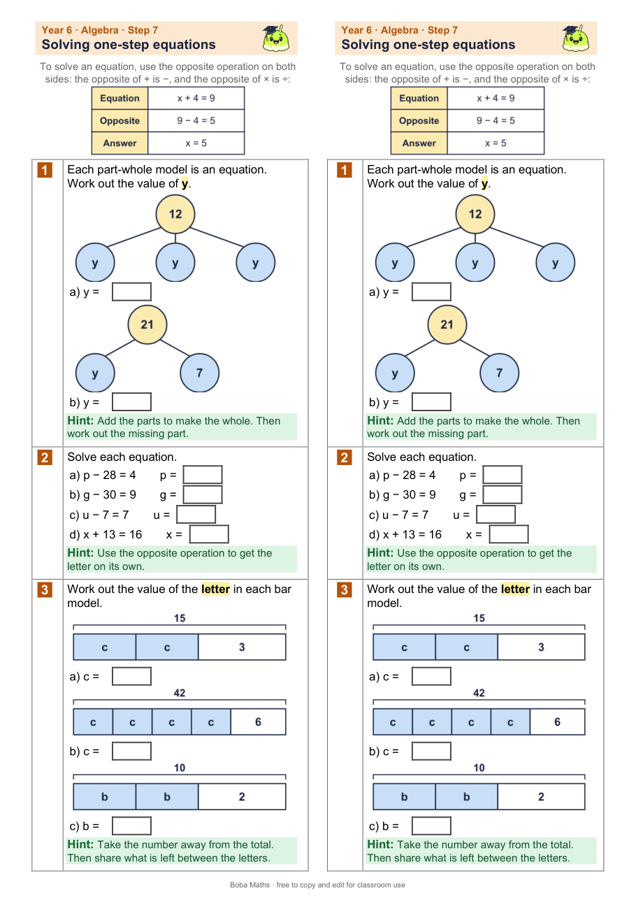 First page of the scaffolded Solving one-step equations sheet, printed twice side by side