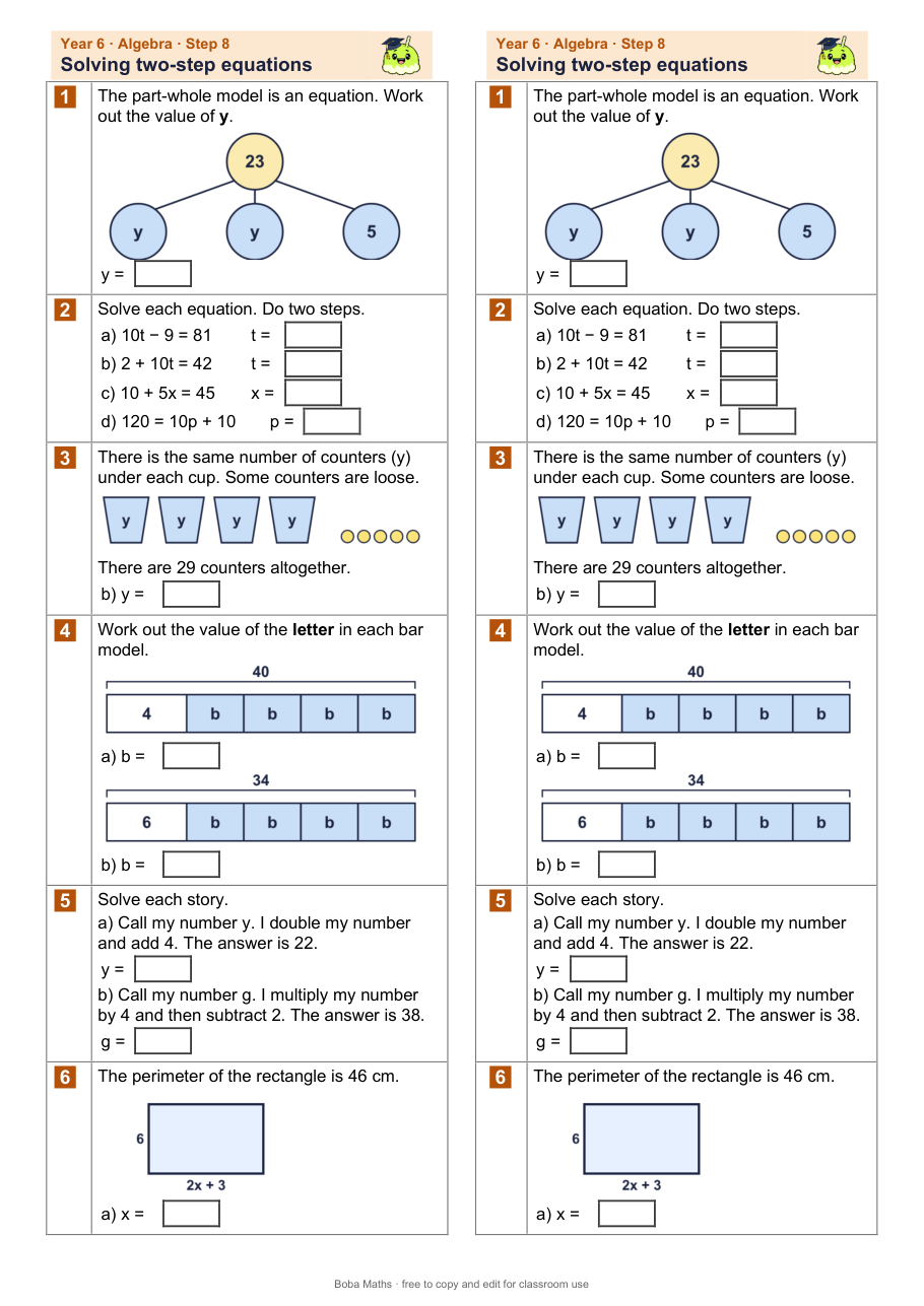 First page of the not scaffolded Solving two-step equations sheet, printed twice side by side
