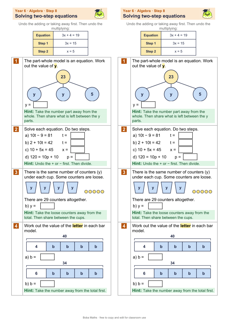 First page of the scaffolded Solving two-step equations sheet, printed twice side by side