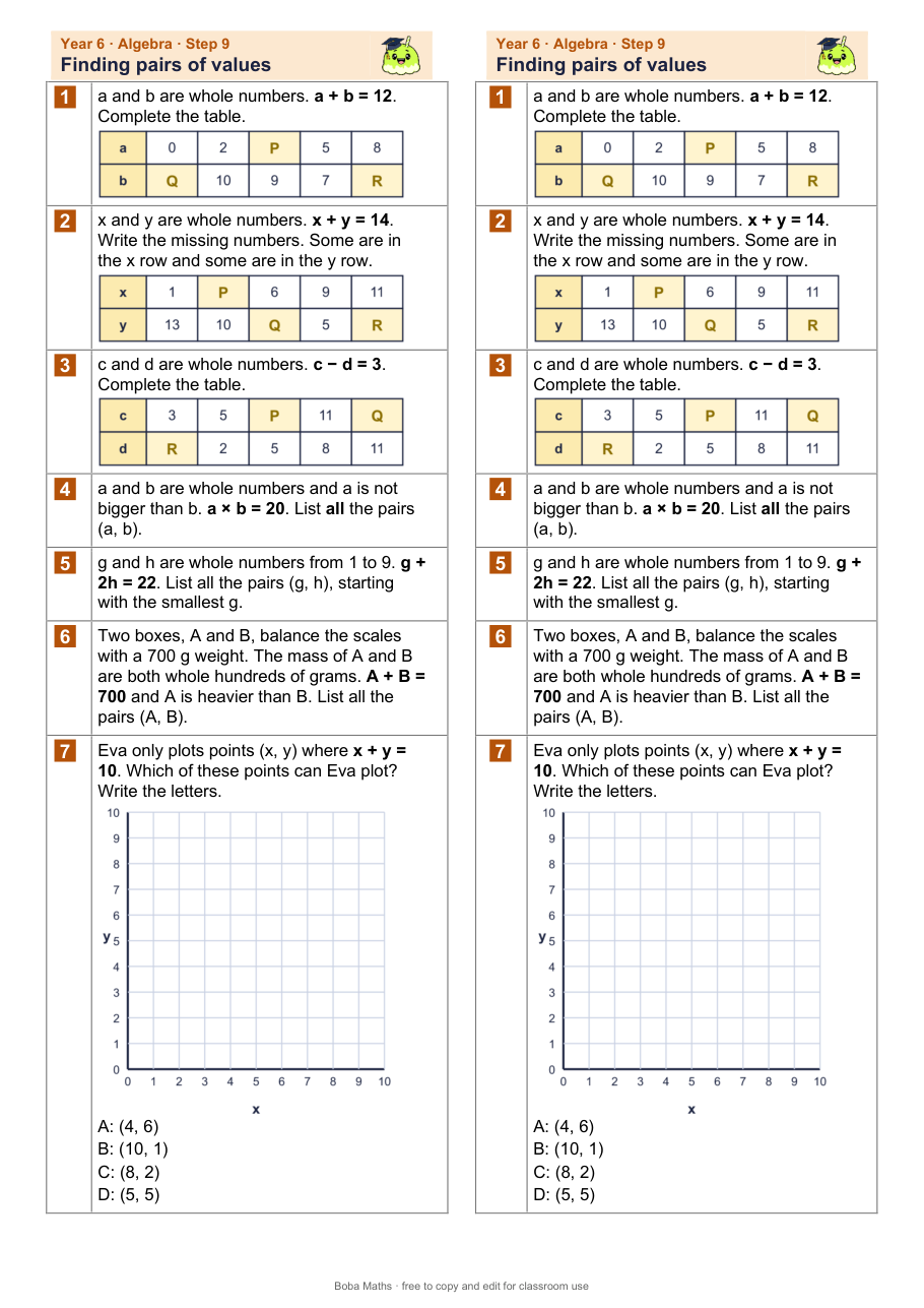 First page of the not scaffolded Finding pairs of values sheet, printed twice side by side
