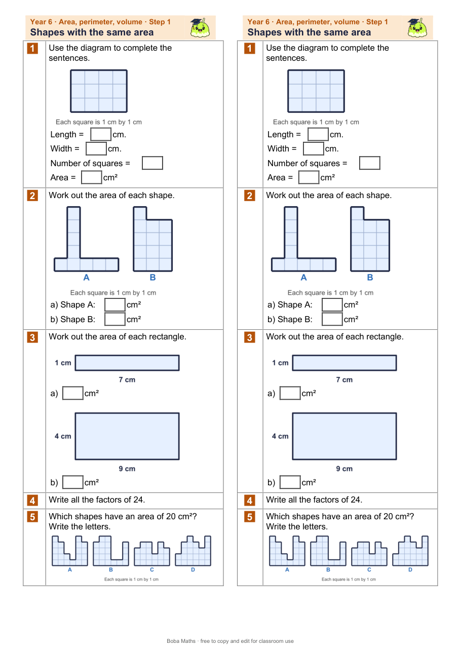 First page of the not scaffolded Shapes with the same area sheet, printed twice side by side