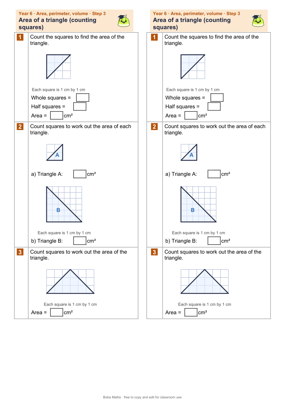 First page of the not scaffolded Area of a triangle: counting squares sheet, printed twice side by side