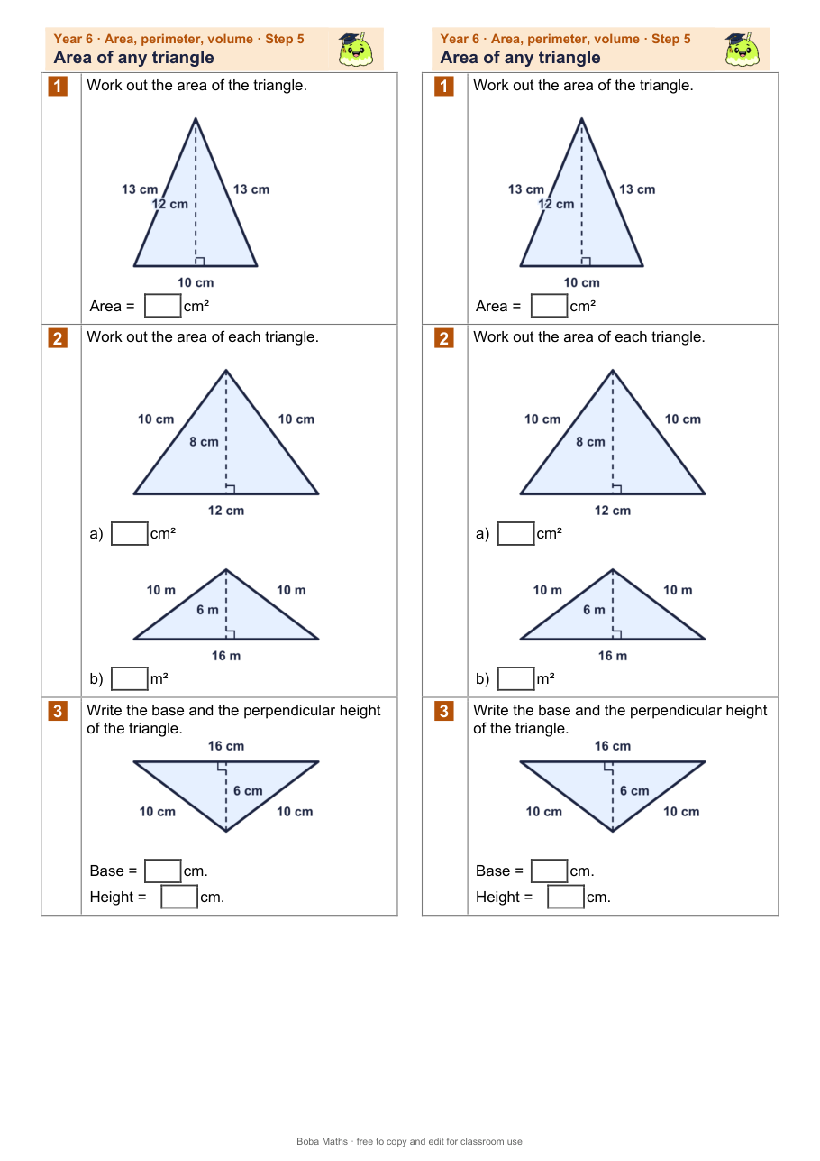 First page of the not scaffolded Area of any triangle sheet, printed twice side by side