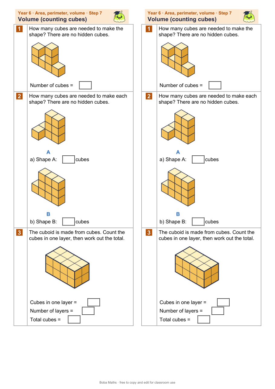 First page of the not scaffolded Volume: counting cubes sheet, printed twice side by side