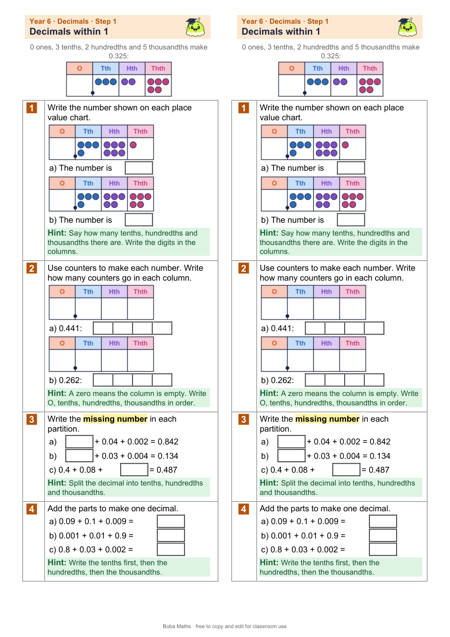 First page of the scaffolded Decimals within 1 sheet, printed twice side by side