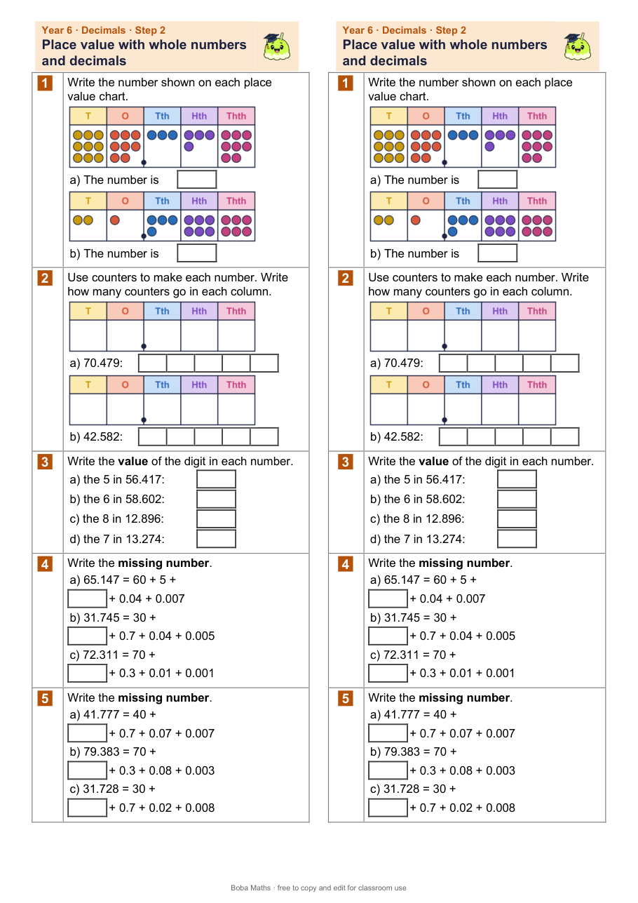 First page of the not scaffolded Place value with whole numbers and decimals sheet, printed twice side by side