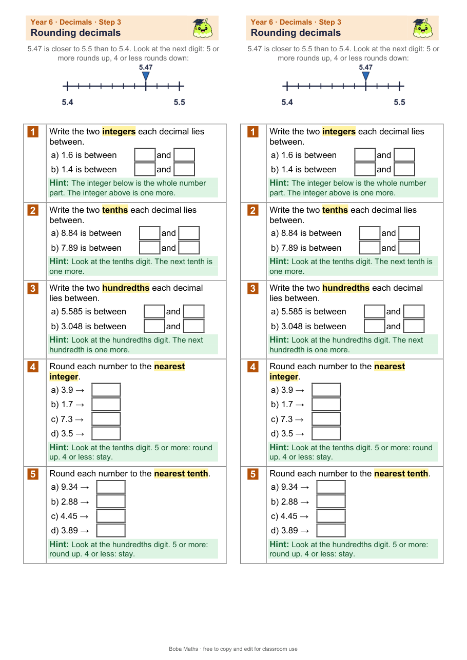 First page of the scaffolded Rounding decimals sheet, printed twice side by side