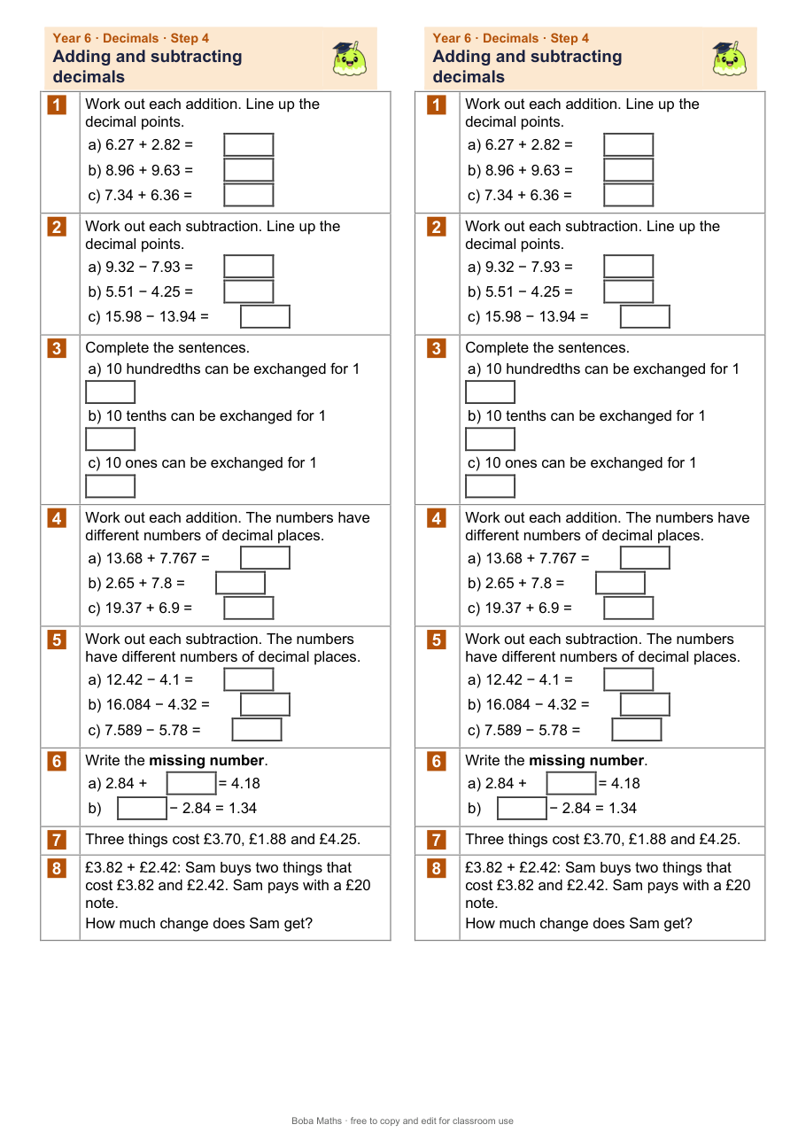 First page of the not scaffolded Adding and subtracting decimals sheet, printed twice side by side