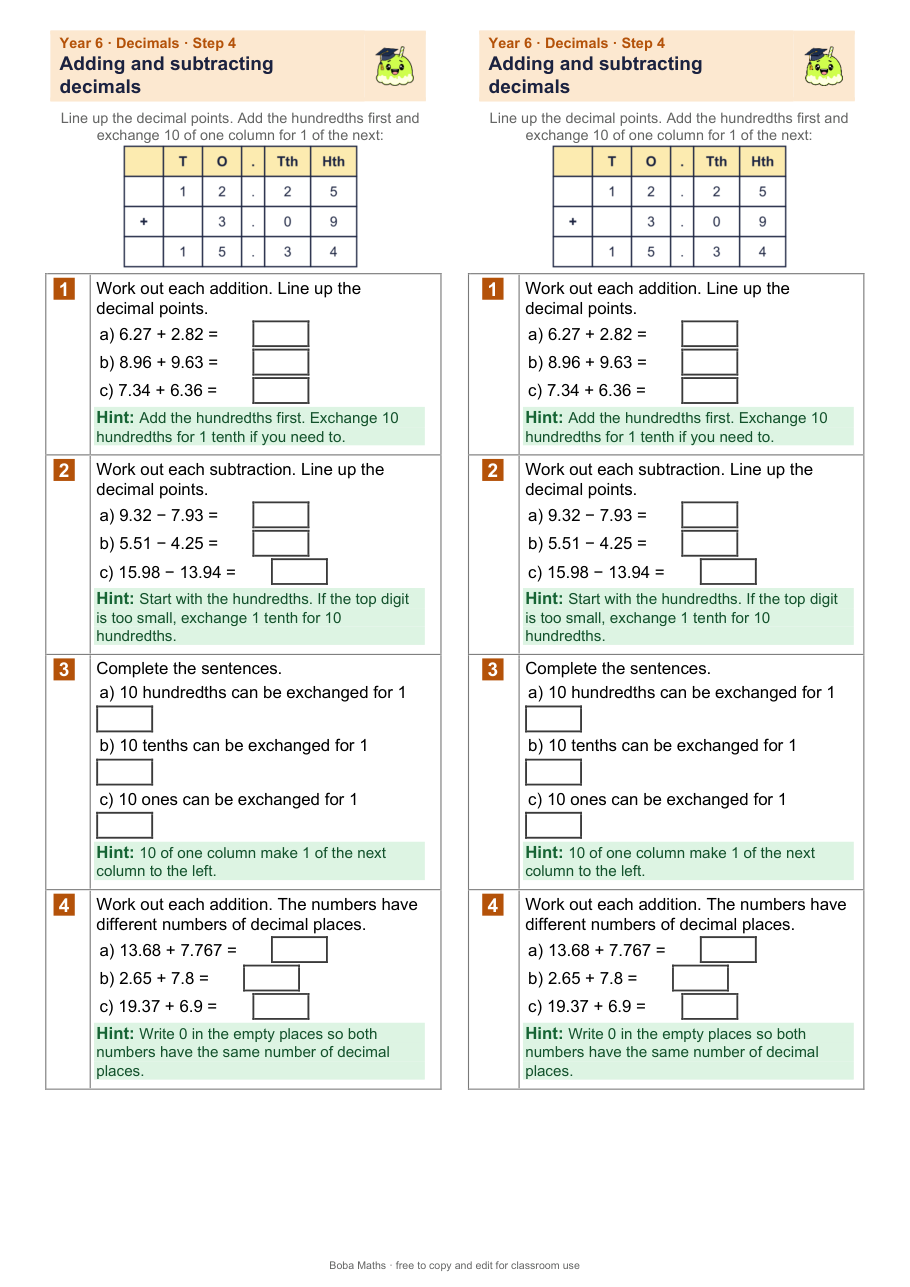 First page of the scaffolded Adding and subtracting decimals sheet, printed twice side by side