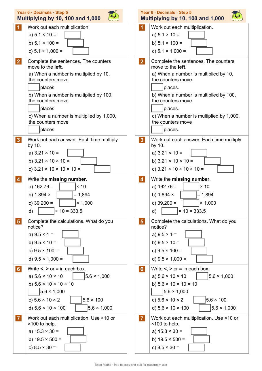 First page of the not scaffolded Multiplying by 10, 100 and 1,000 sheet, printed twice side by side