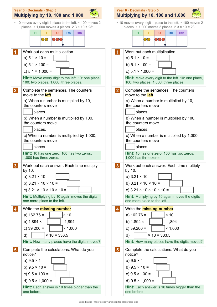 First page of the scaffolded Multiplying by 10, 100 and 1,000 sheet, printed twice side by side