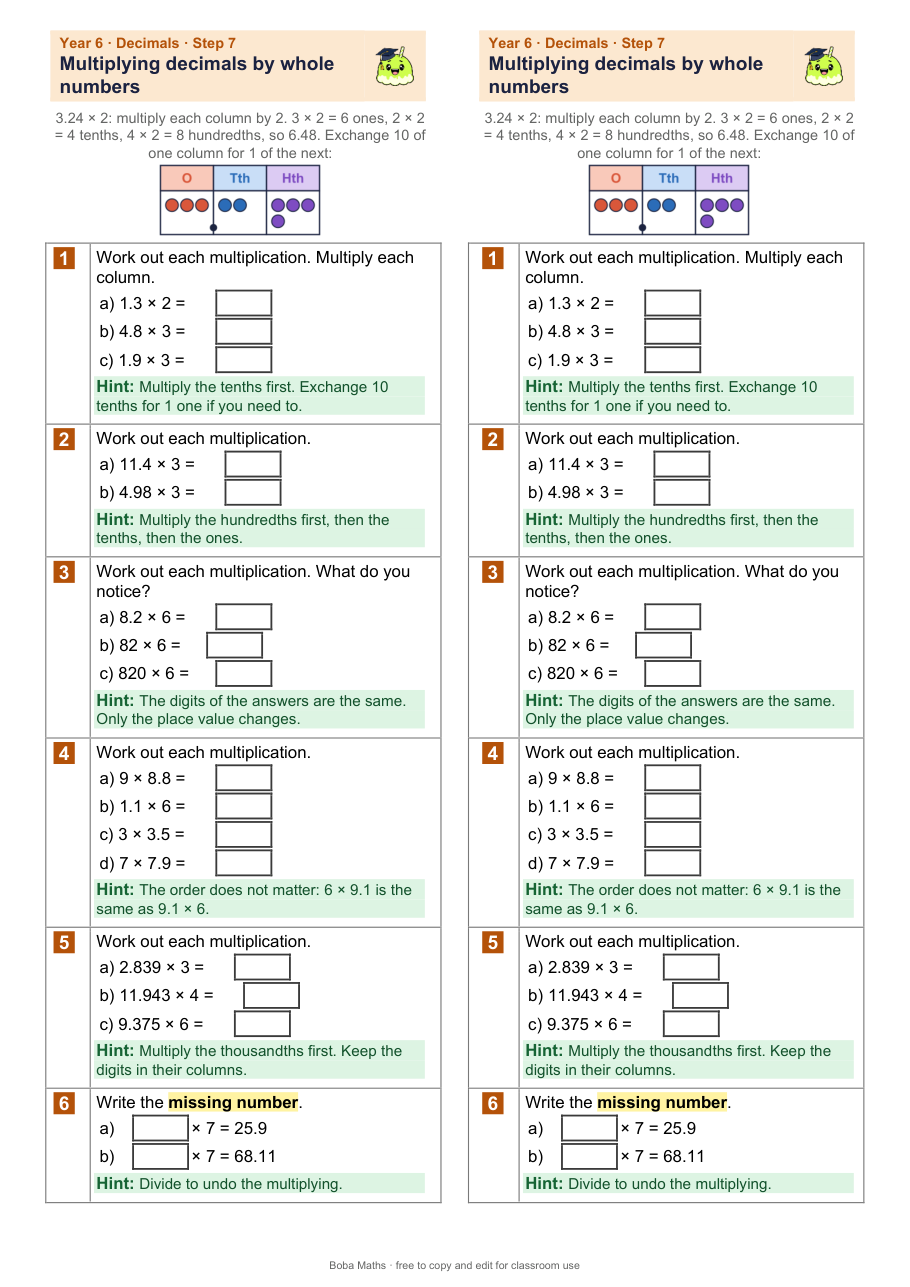 First page of the scaffolded Multiplying decimals by whole numbers sheet, printed twice side by side