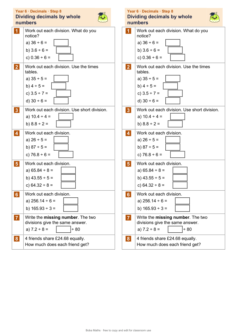 First page of the not scaffolded Dividing decimals by whole numbers sheet, printed twice side by side