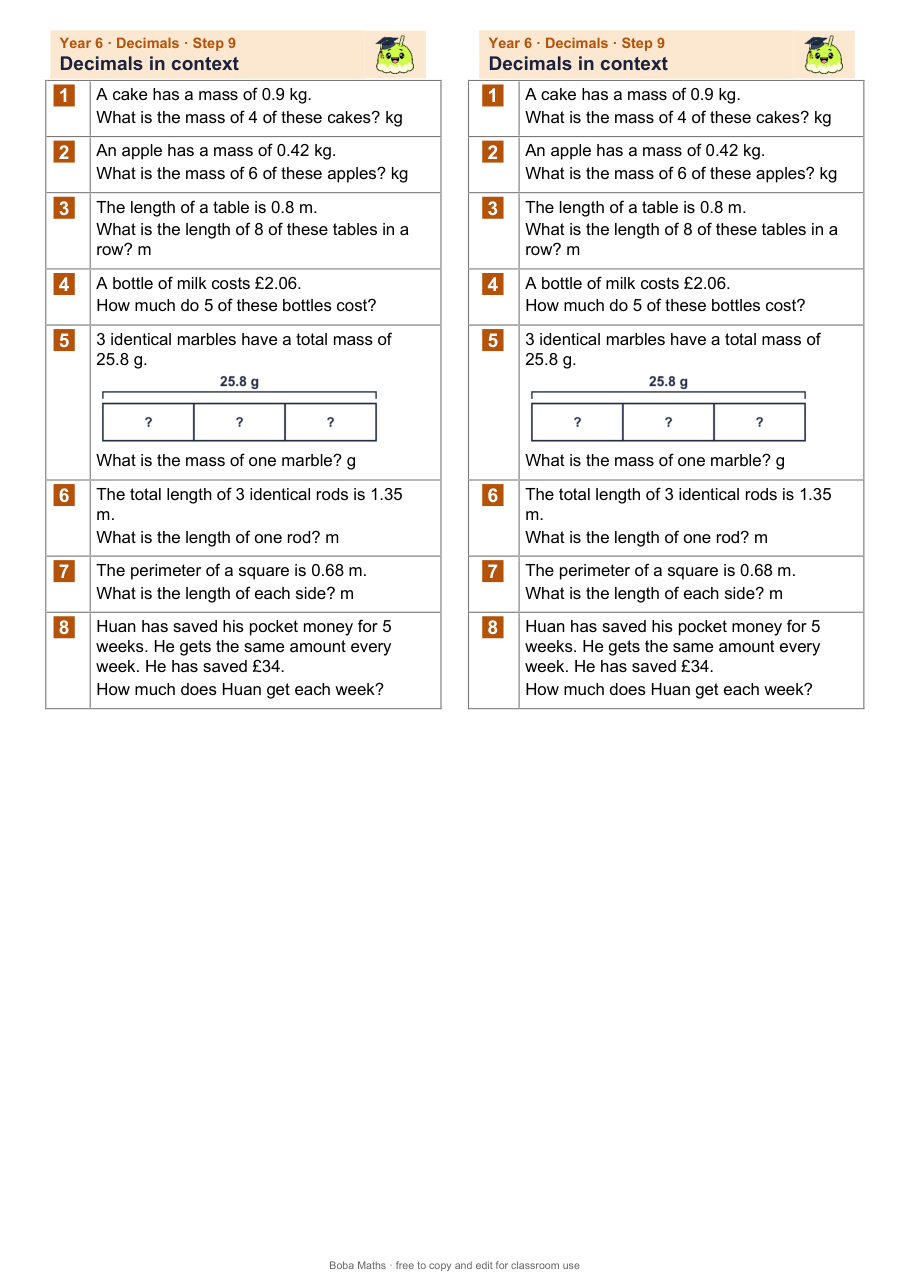 First page of the not scaffolded Decimals in context sheet, printed twice side by side