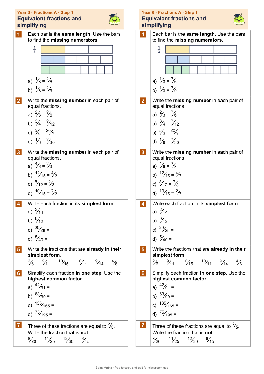 First page of the not scaffolded Equivalent fractions and simplifying sheet, printed twice side by side