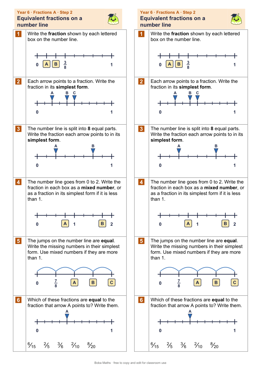 First page of the not scaffolded Equivalent fractions on a number line sheet, printed twice side by side