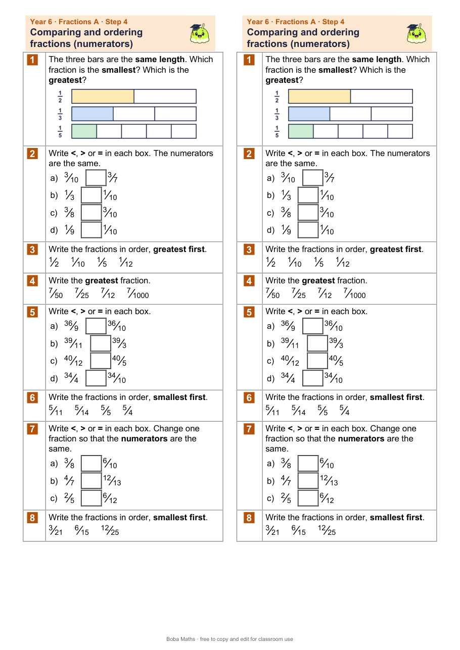 First page of the not scaffolded Comparing and ordering fractions (numerators) sheet, printed twice side by side