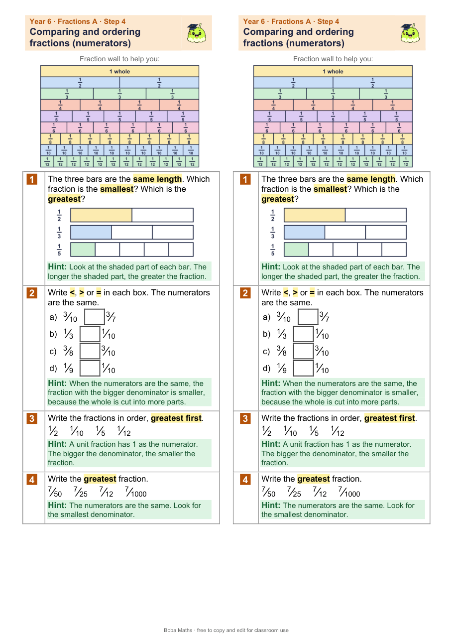 First page of the scaffolded Comparing and ordering fractions (numerators) sheet, printed twice side by side