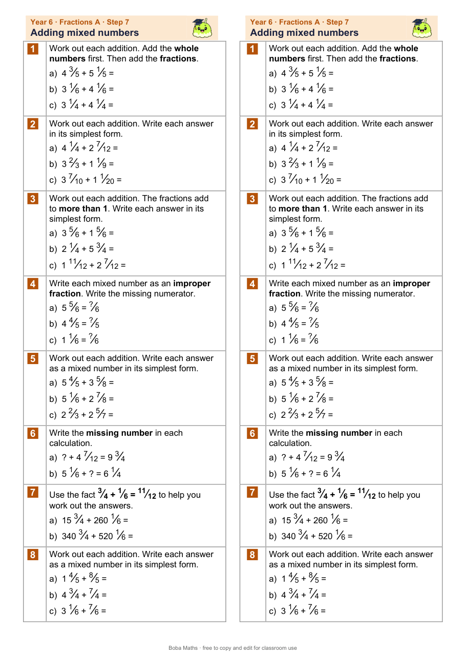 First page of the not scaffolded Adding mixed numbers sheet, printed twice side by side