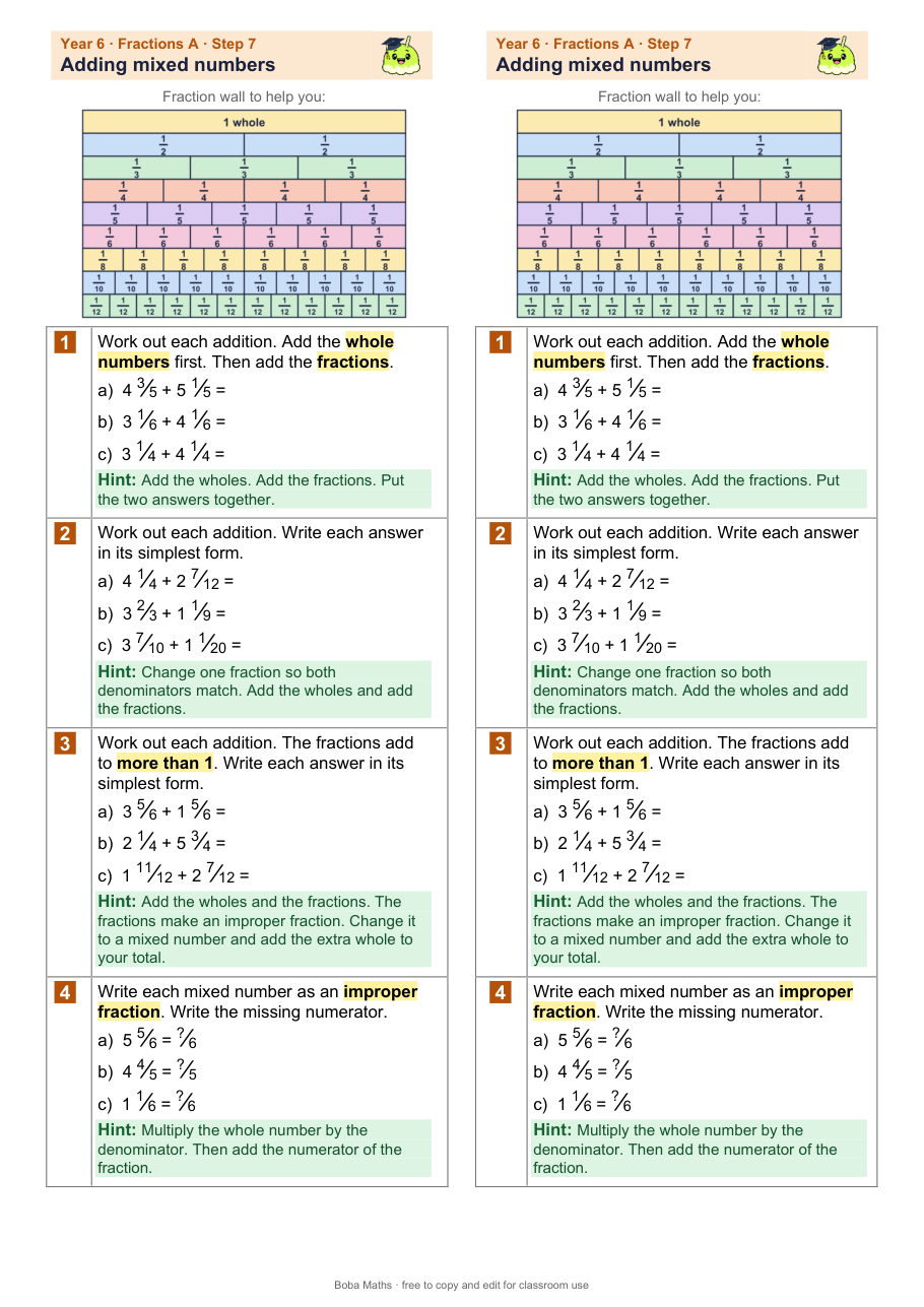 First page of the scaffolded Adding mixed numbers sheet, printed twice side by side