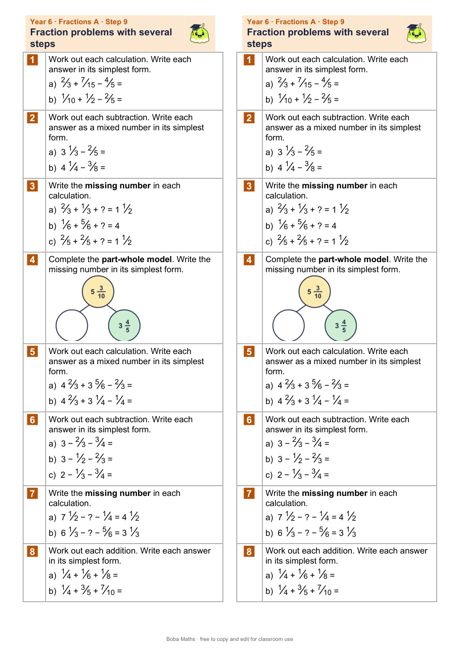First page of the not scaffolded Fraction problems with several steps sheet, printed twice side by side