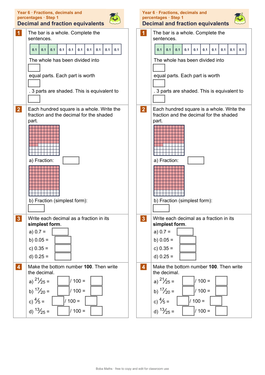 First page of the not scaffolded Decimal and fraction equivalents sheet, printed twice side by side
