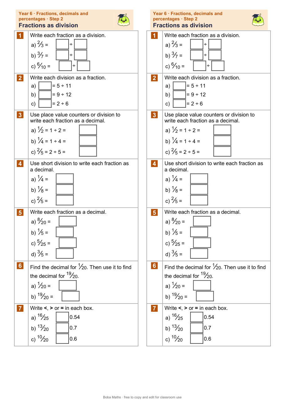 First page of the not scaffolded Fractions as division sheet, printed twice side by side