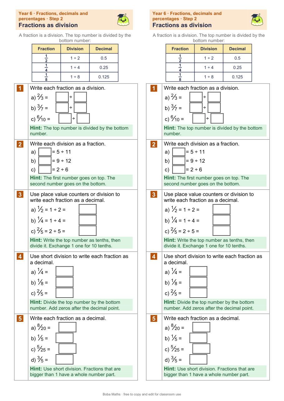 First page of the scaffolded Fractions as division sheet, printed twice side by side