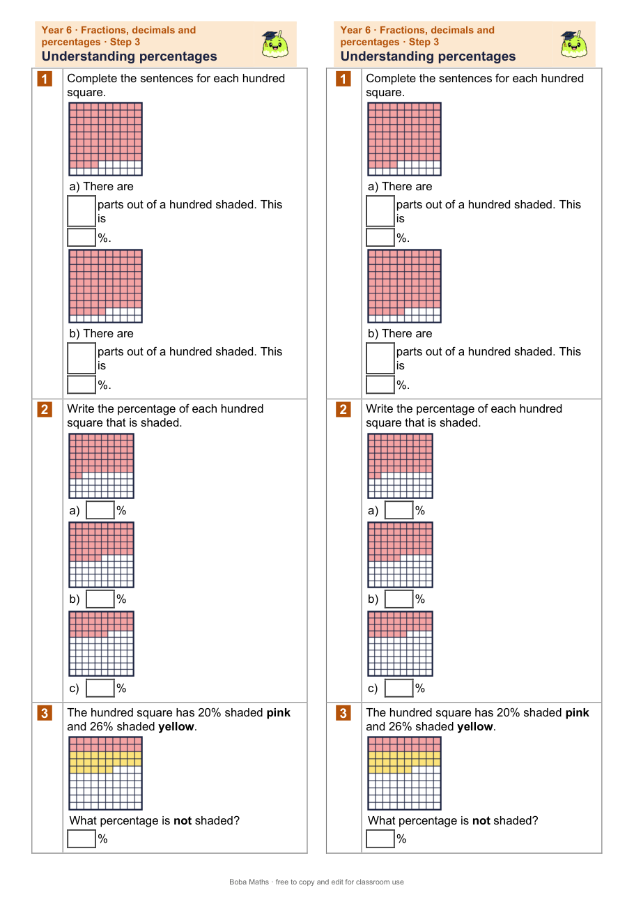 First page of the not scaffolded Understanding percentages sheet, printed twice side by side