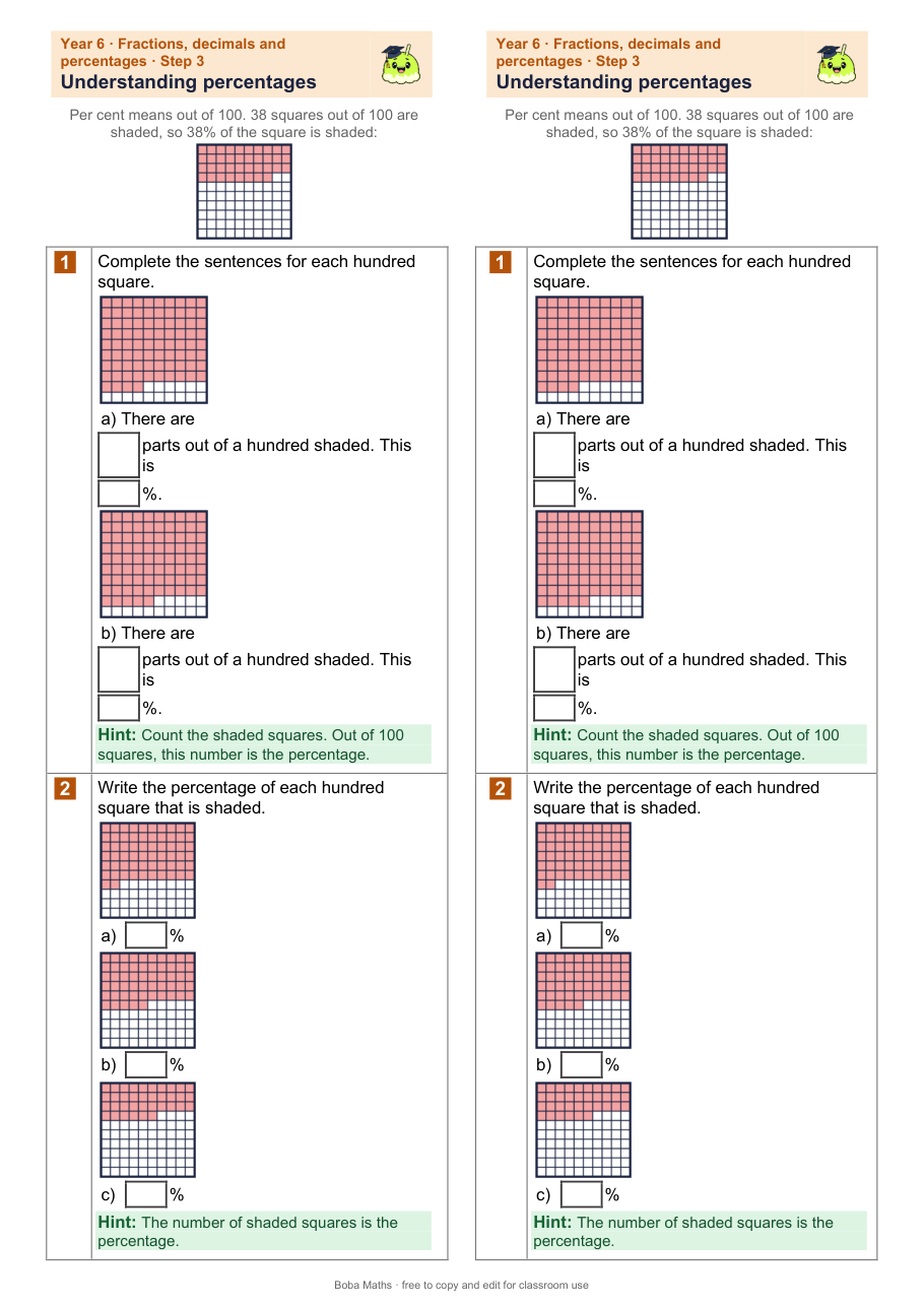 First page of the scaffolded Understanding percentages sheet, printed twice side by side