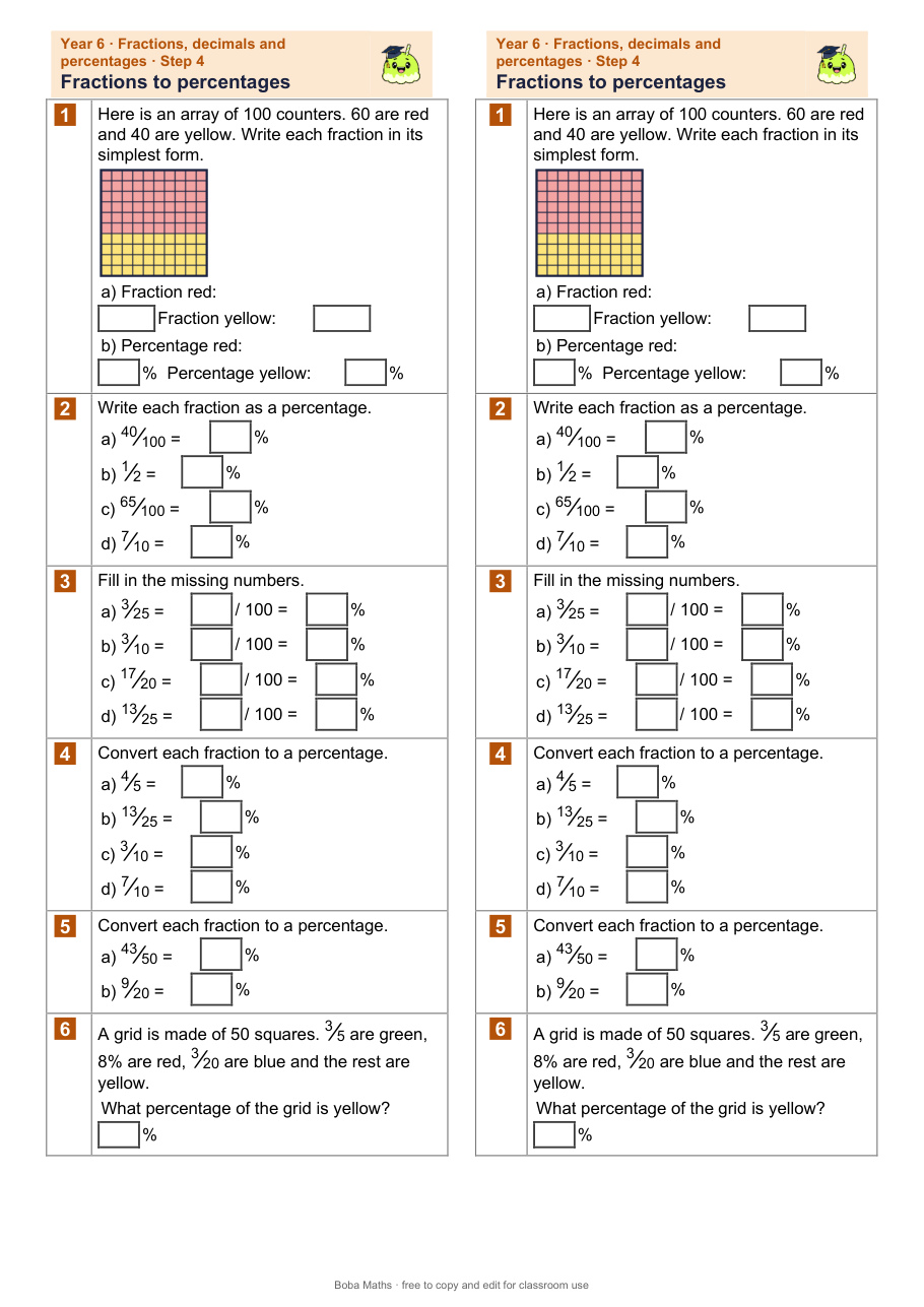 First page of the not scaffolded Fractions to percentages sheet, printed twice side by side