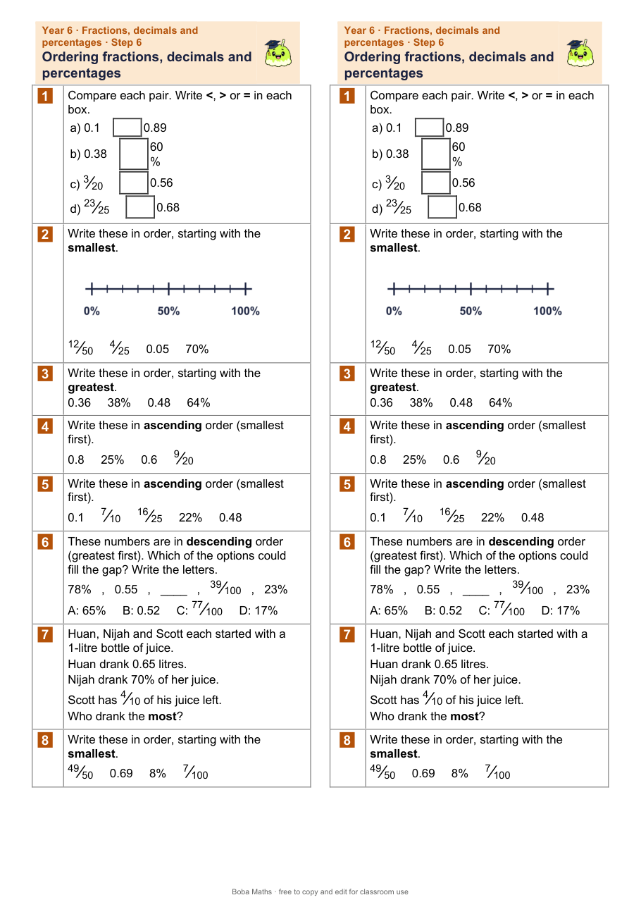 First page of the not scaffolded Ordering fractions, decimals and percentages sheet, printed twice side by side