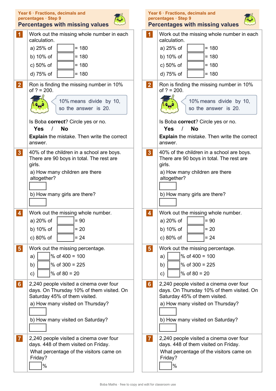 First page of the not scaffolded Percentages with missing values sheet, printed twice side by side