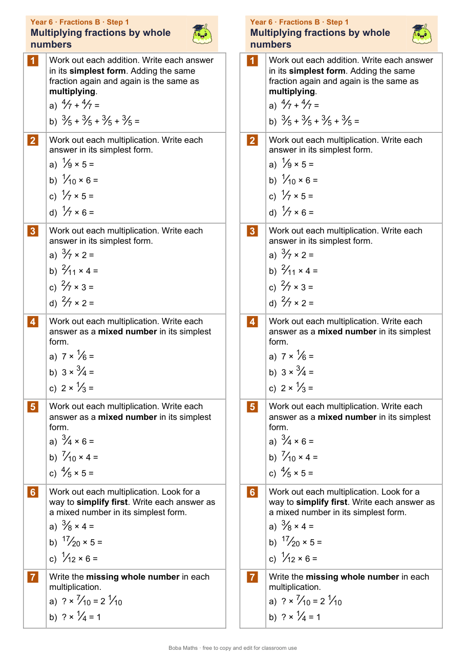 First page of the not scaffolded Multiplying fractions by whole numbers sheet, printed twice side by side