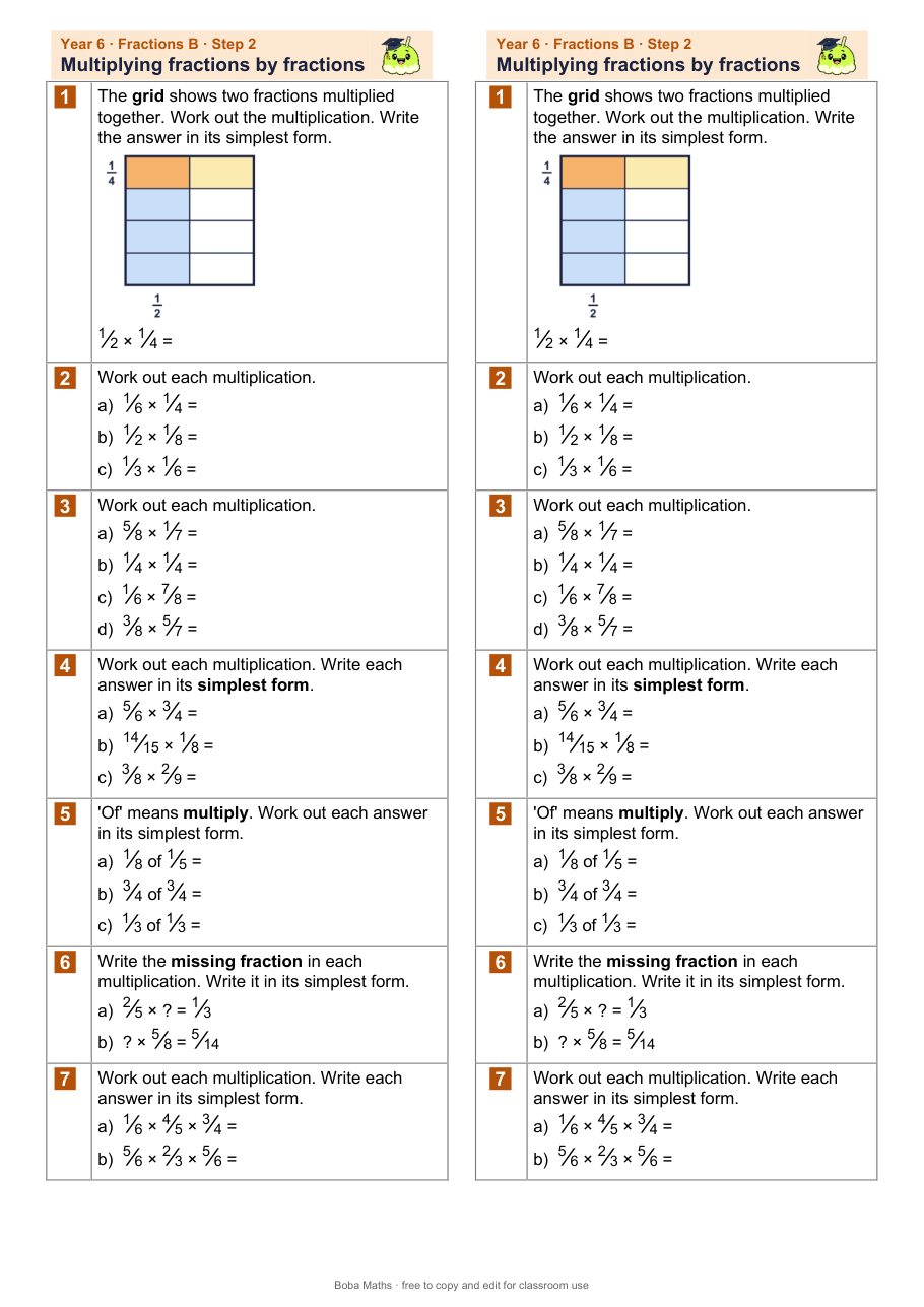 First page of the not scaffolded Multiplying fractions by fractions sheet, printed twice side by side