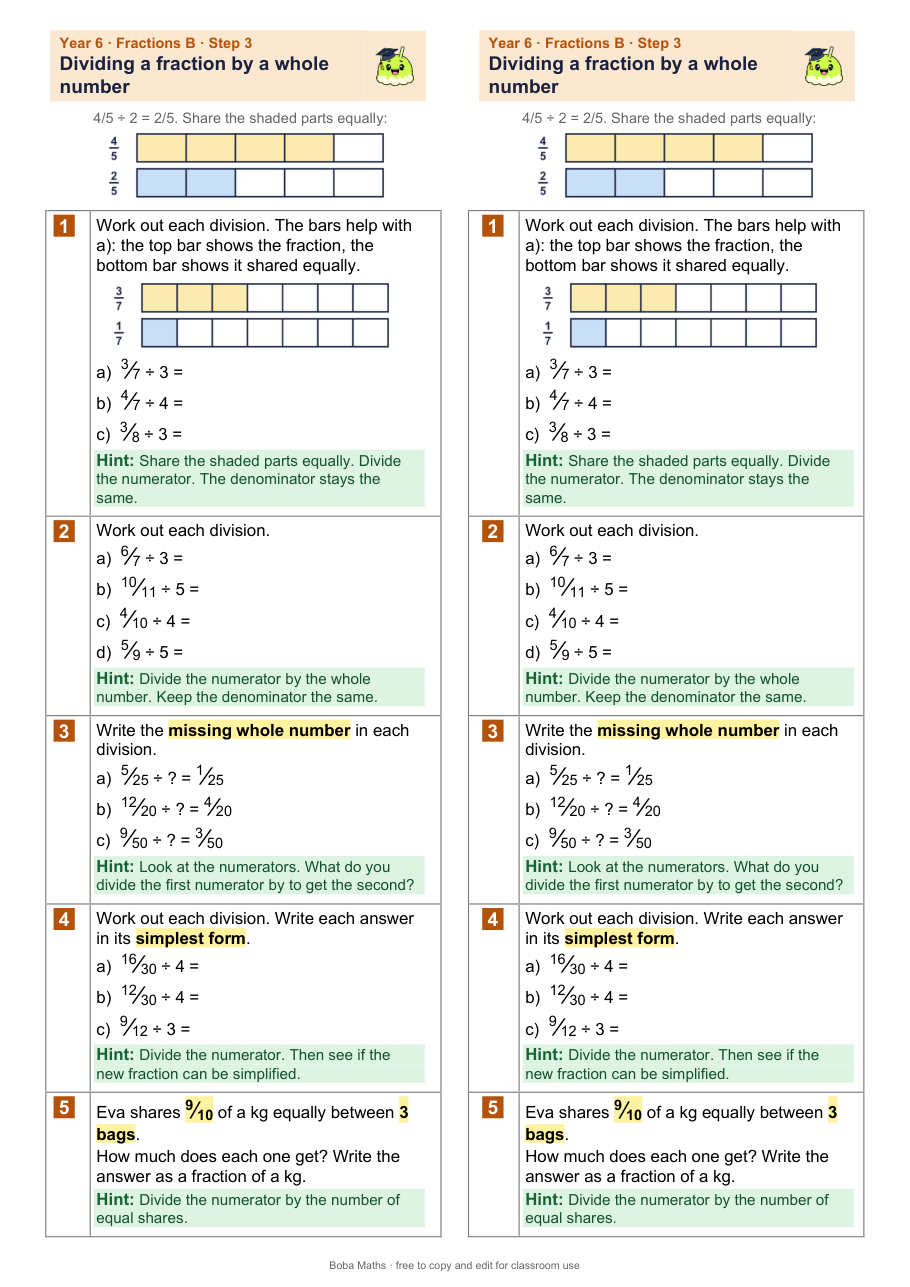 First page of the scaffolded Dividing a fraction by a whole number sheet, printed twice side by side
