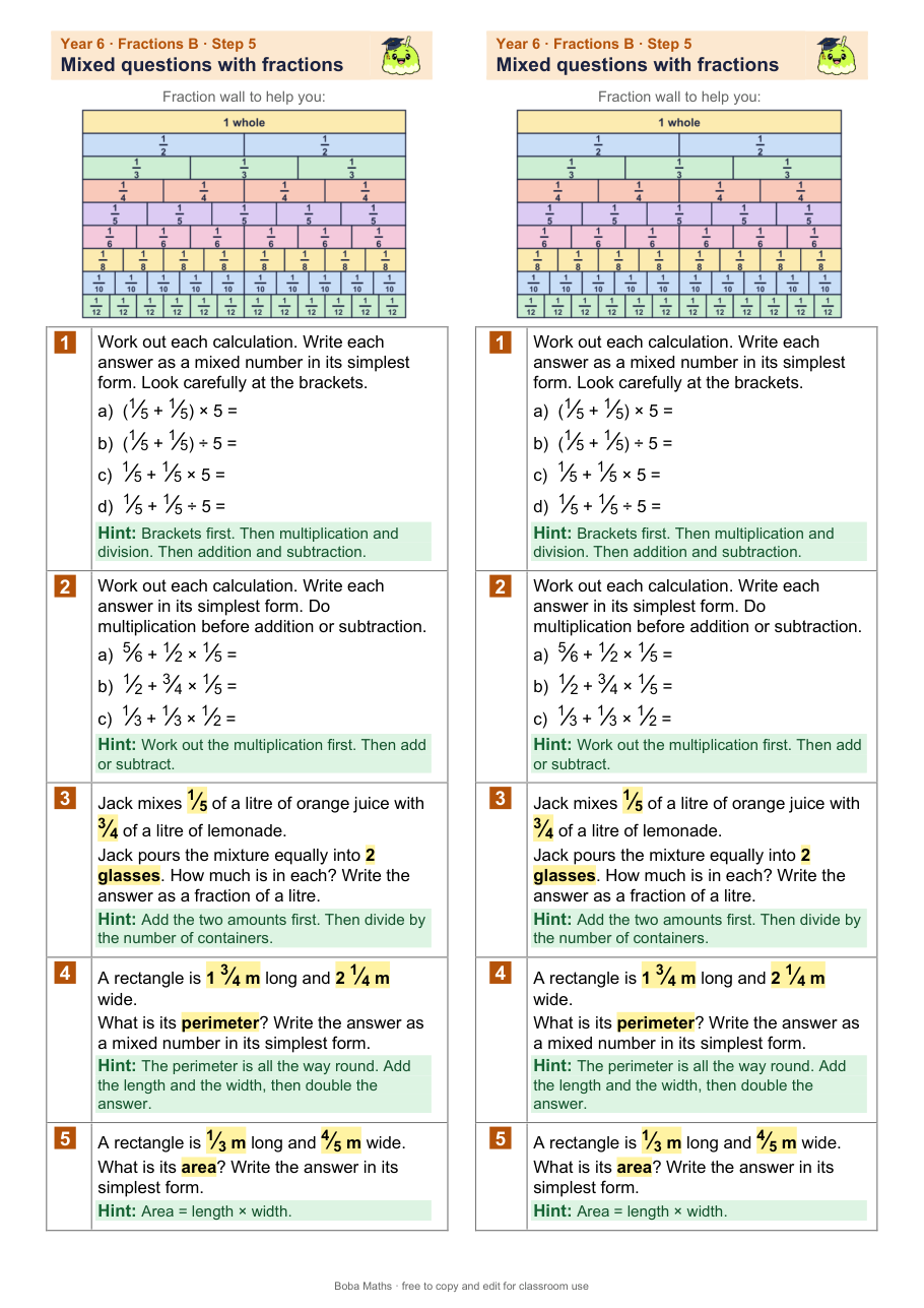 First page of the scaffolded Mixed fraction questions sheet, printed twice side by side