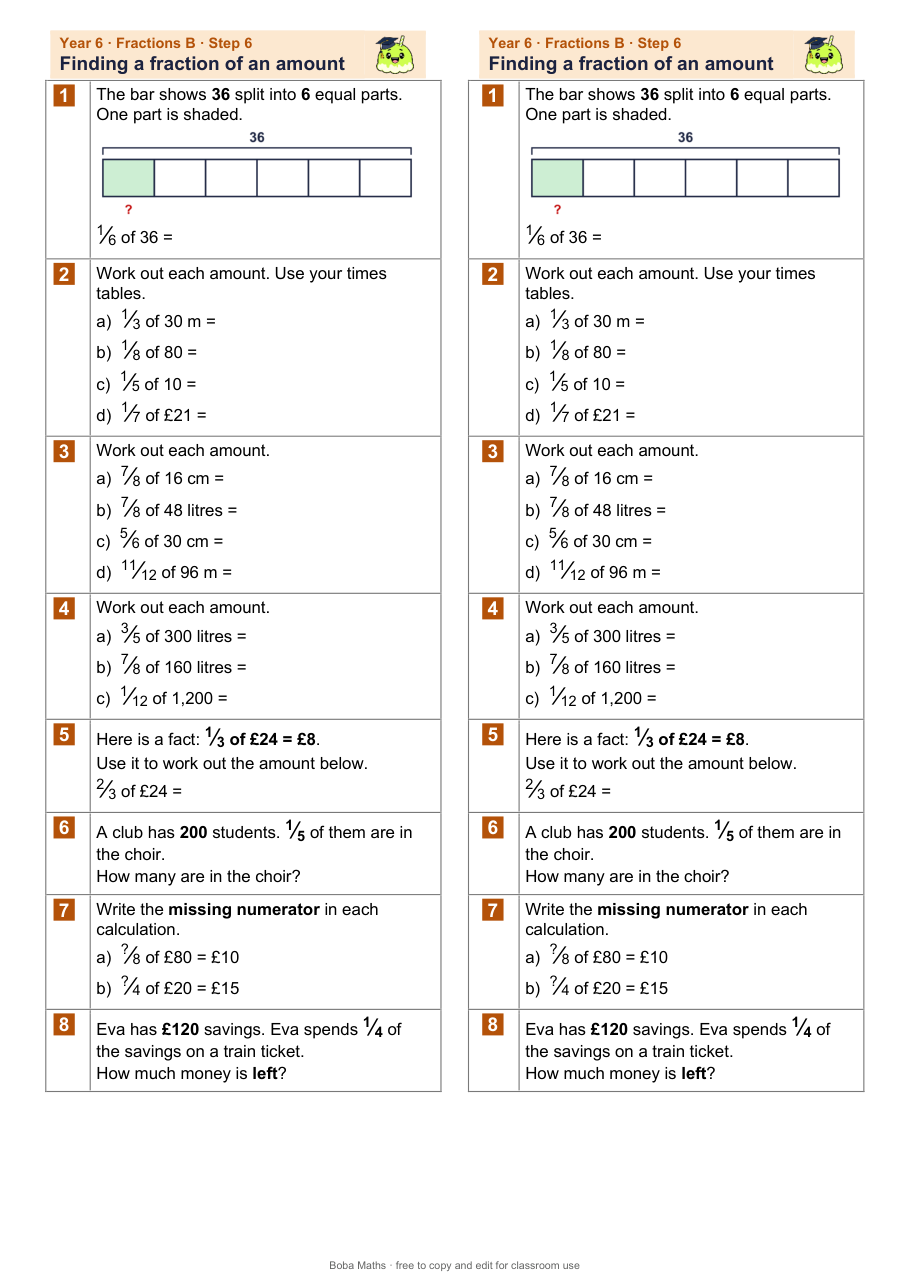 First page of the not scaffolded Finding a fraction of an amount sheet, printed twice side by side