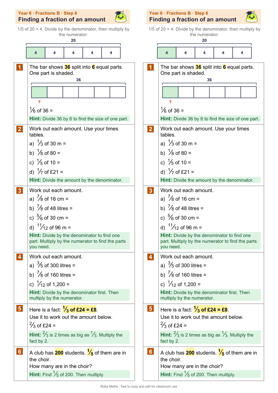 First page of the scaffolded Finding a fraction of an amount sheet, printed twice side by side