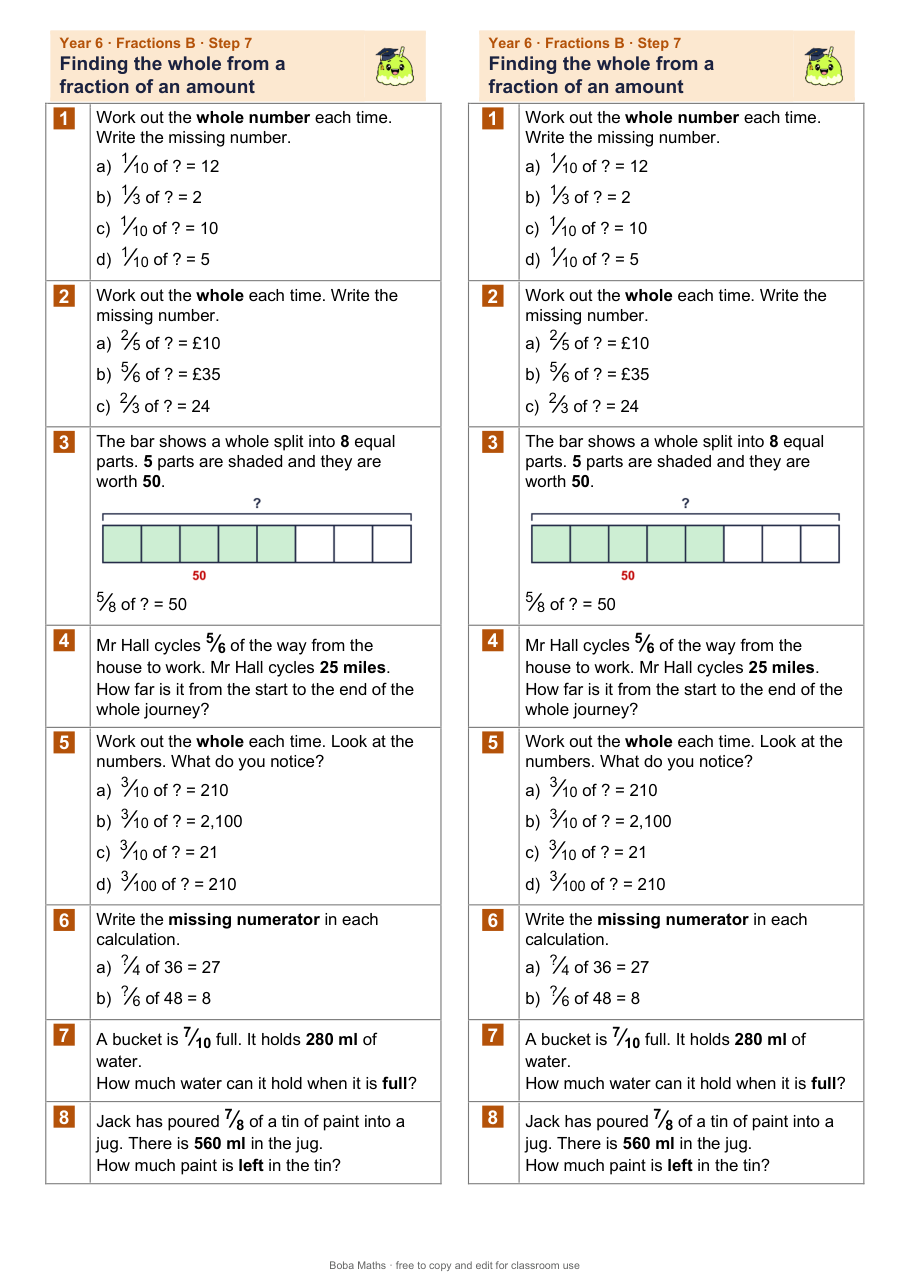 First page of the not scaffolded Finding the whole from a fraction of an amount sheet, printed twice side by side