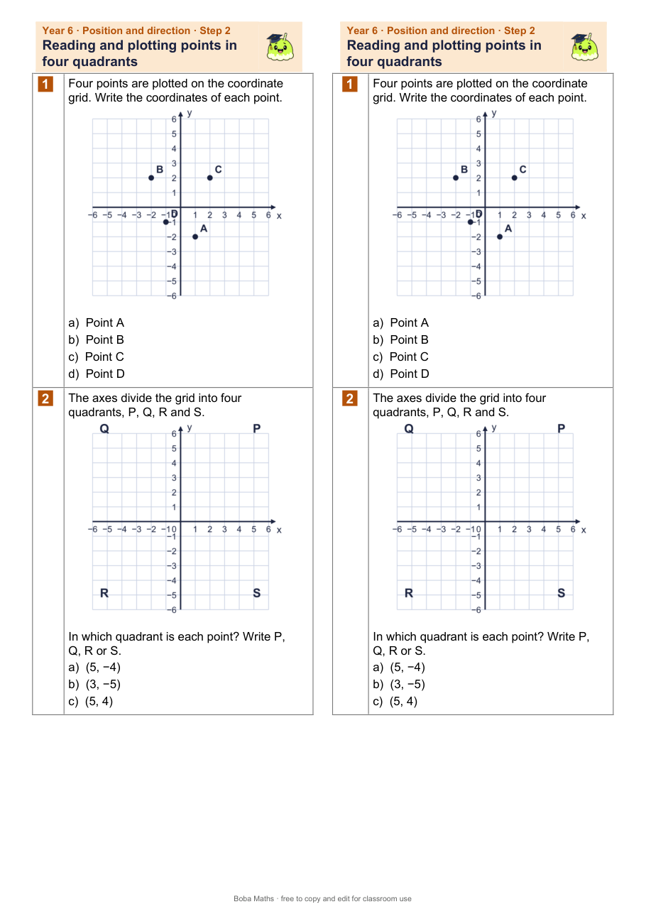 First page of the not scaffolded Reading and plotting points in four quadrants sheet, printed twice side by side