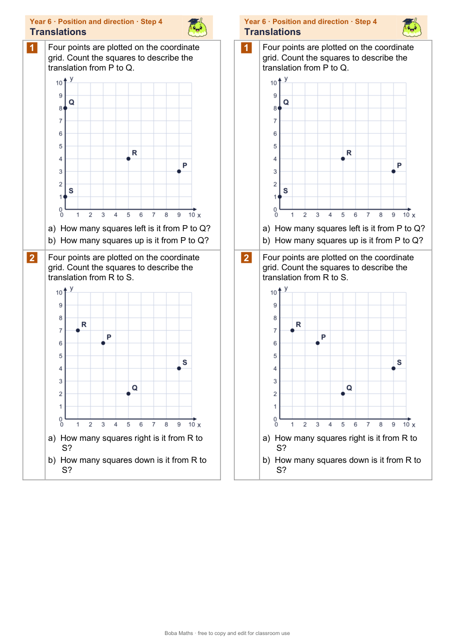 First page of the not scaffolded Translations sheet, printed twice side by side
