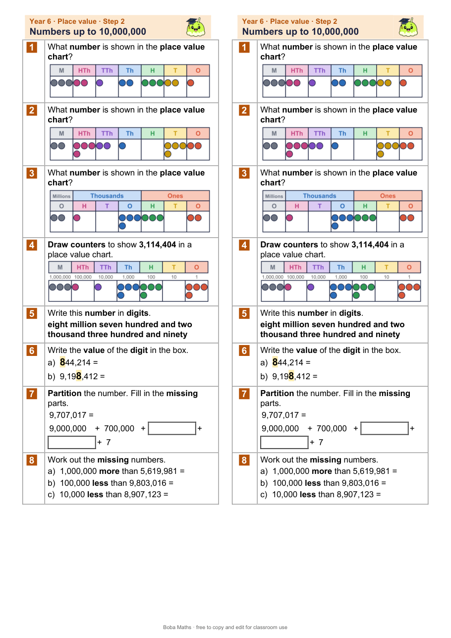 First page of the not scaffolded Numbers up to 10,000,000 sheet, printed twice side by side
